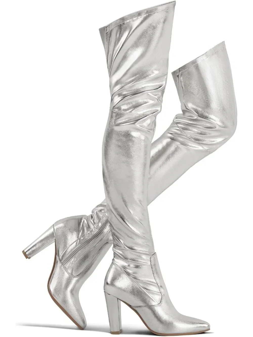 Women's Silver Suede Stretch Chunky Heel Over Shaft Length Knee Boots Thigh High